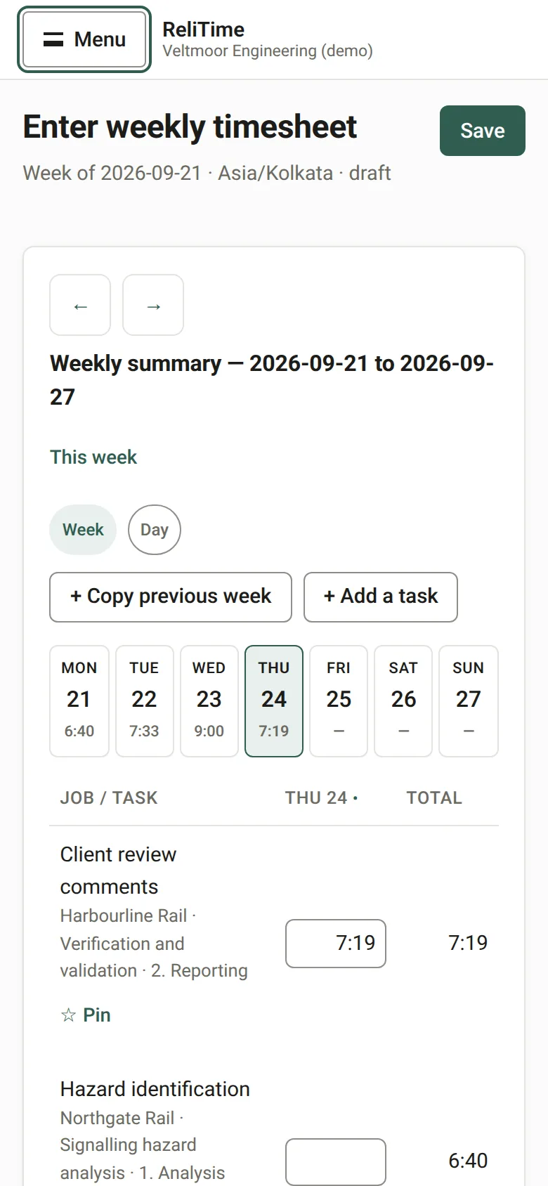The weekly timesheet on a phone, showing a single day with its tasks and hours.